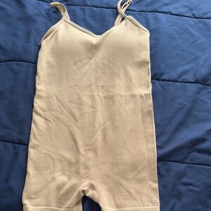 Beige Ribbed Sleeveless Romper
